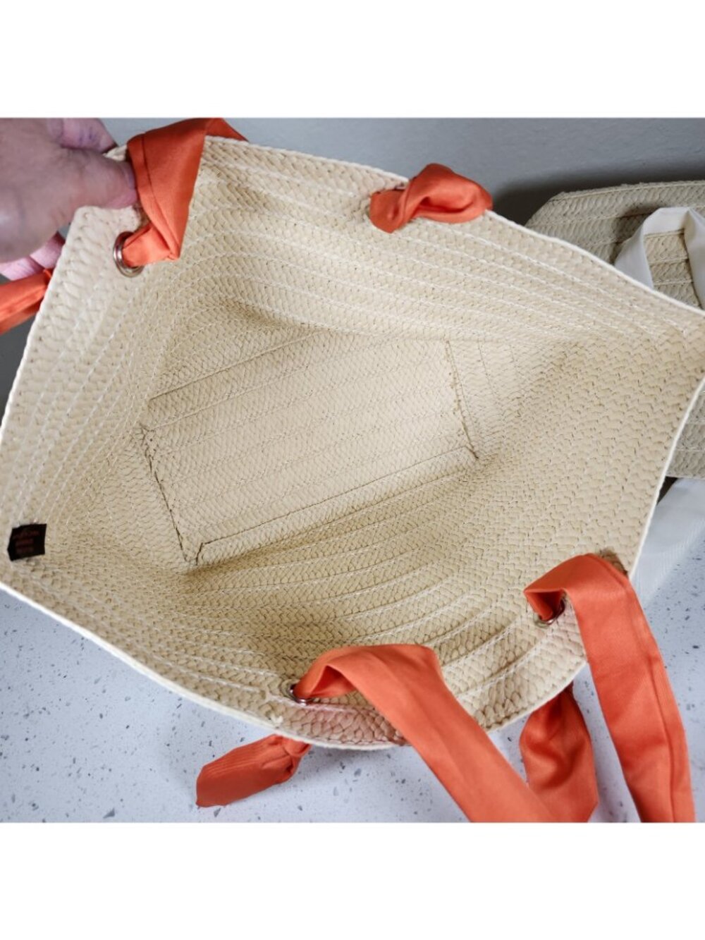 Natural Woven Straw Tote Bag Lot Of 2 Fabric Double Handle Boho Purse Handbags - Picture 13 of 14